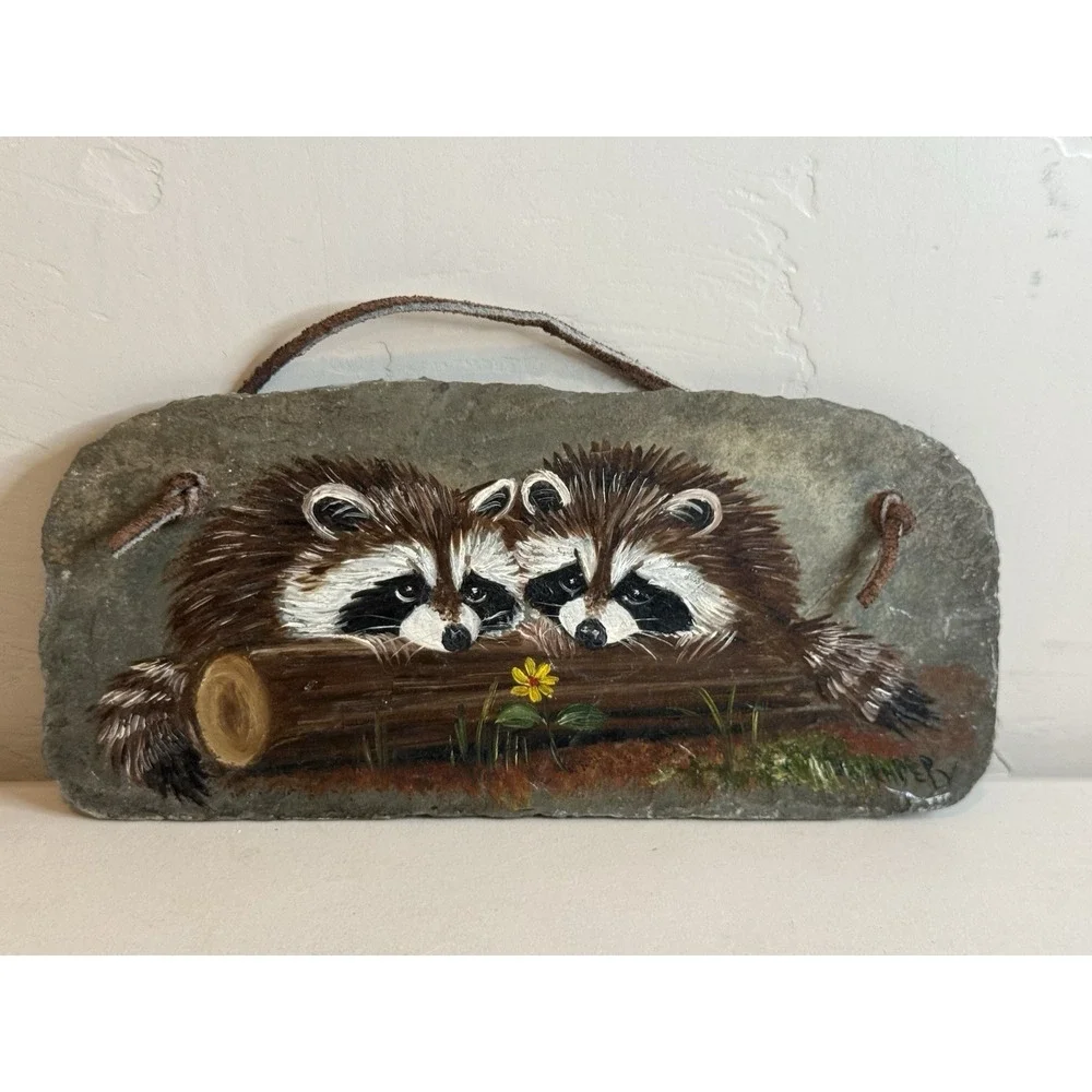 Vintage Mary Beth Alexander Raccoon Painted Slate Stone Wildlife Wall Art Plaque